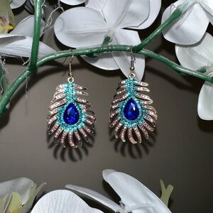 Peacock Feather Earrings Teal & Sapphire Blue Pink & Gold